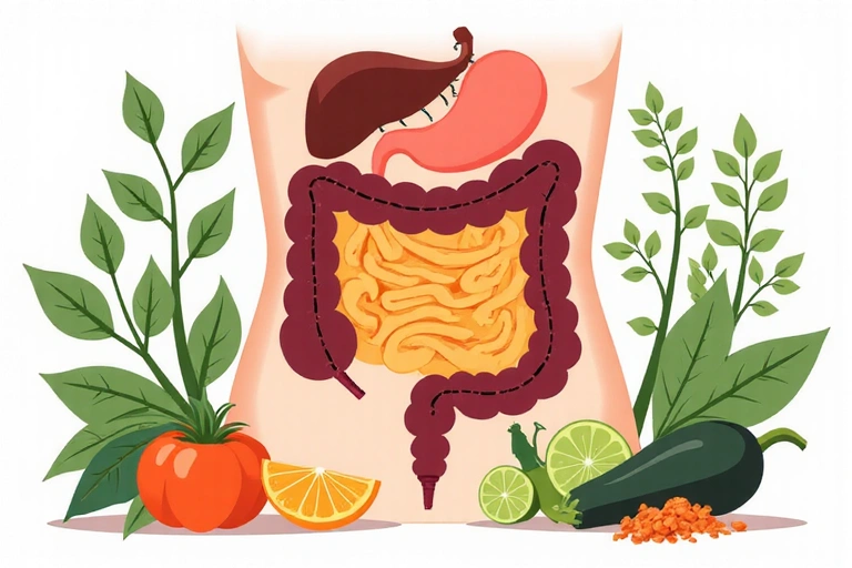 Bauch mit Verdauungstrakt und frischem Gemüse, symbolisierend Verdauungsgesundheit.