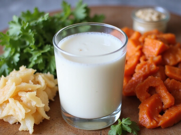 Ein Glas Kefir und verschiedene probiotische Lebensmittel, symbolisierend Darmgesundheit.