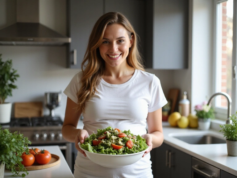 Eine schwangere Frau isst einen gesunden Salat, symbolisierend gesunde Ernährung für Mutter und Kind.