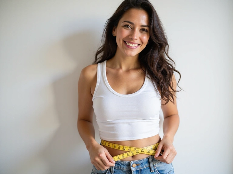 Frau misst ihren Taillenumfang und lächelt, symbolisierend erfolgreiches Gewichtsmanagement.