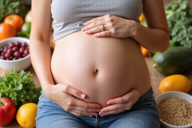Schwangere Frau mit Babybauch und gesunden Lebensmitteln, symbolisierend Schwangerschafts- und Stillzeiternährung.