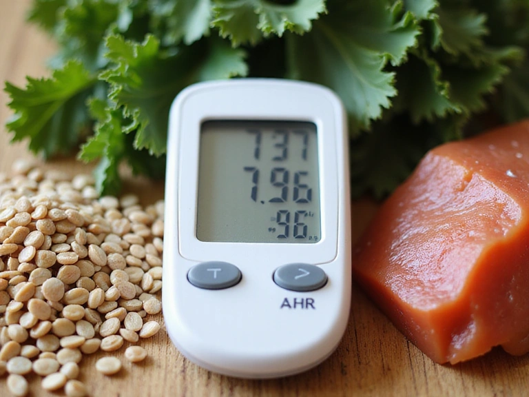 Tabelle mit Blutzuckerwerten und gesunde Lebensmittel, symbolisierend Diabetes-Management.