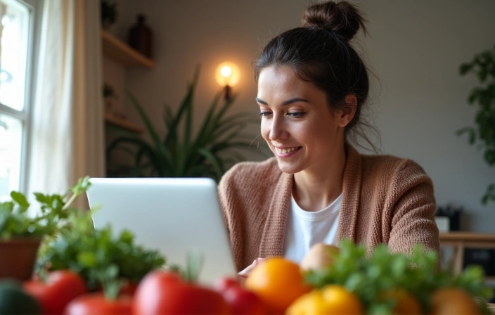 Eine Person sitzt entspannt vor einem Laptop und nimmt an einer Online-Beratung teil, mit gesunden Lebensmitteln wie Obst und Gemüse im Vordergrund, die eine gesunde Ernährung symbolisieren.