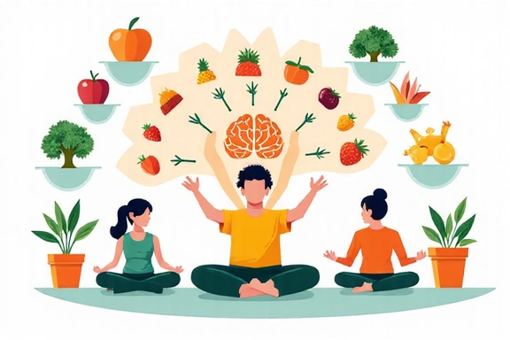 Bild, das einen ganzheitlichen Ansatz darstellt, mit Elementen wie gesunden Lebensmitteln, Sport und Entspannung